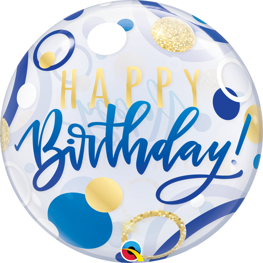 Birthday Blue & Gold Dots Bubble Balloon - PartyFeverLtd