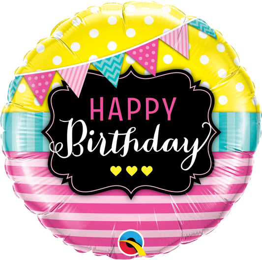 Pennants & Pink Stripes Birthday Balloon - PartyFeverLtd